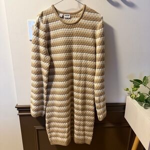 Noisy May Striped Knit Crewneck Sweater Dress in Beige and Cream